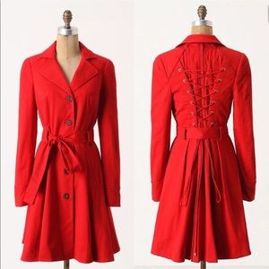 ANTHROPOLOGIE Vintage Elevenses Cherry Red Pansy Corset Tie Trench Coat Jacket 2